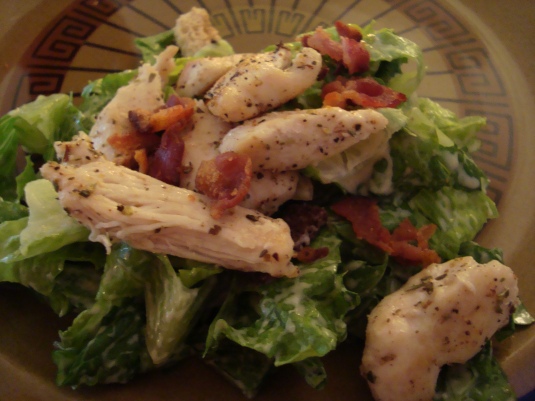 Close up of the delicious Chicken and Bacon Caesar Salad with our homemade Dressing